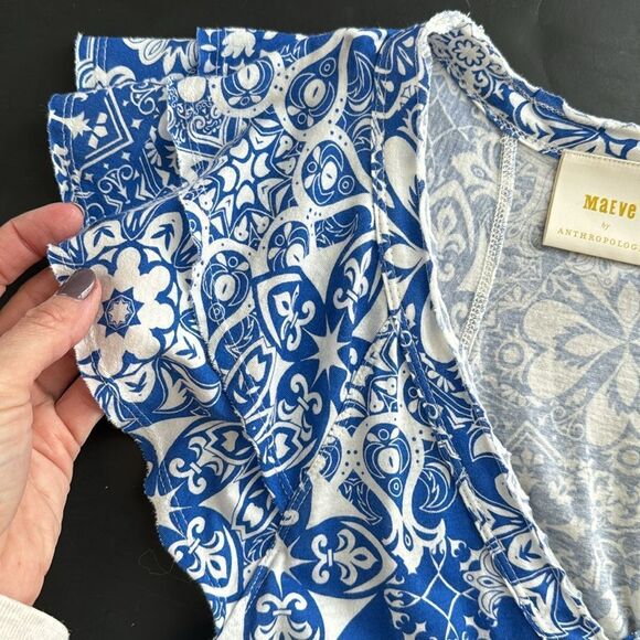 Maeve Anthropologie Sz XS Catie Ruffle-Sleeved‎ Tee Blouse Top Blue Motif Boho - Picture 8 of 14